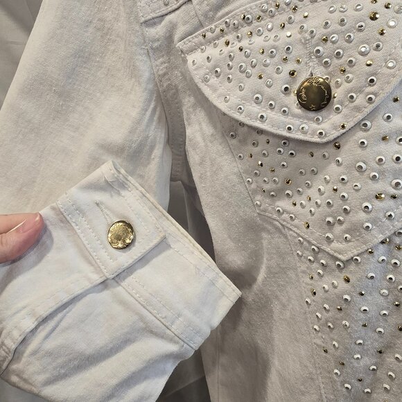DG2 Diane Gilman White Rhinestone Jacket Size 1X Button-up Pockets Cotton Romie - Picture 5 of 8